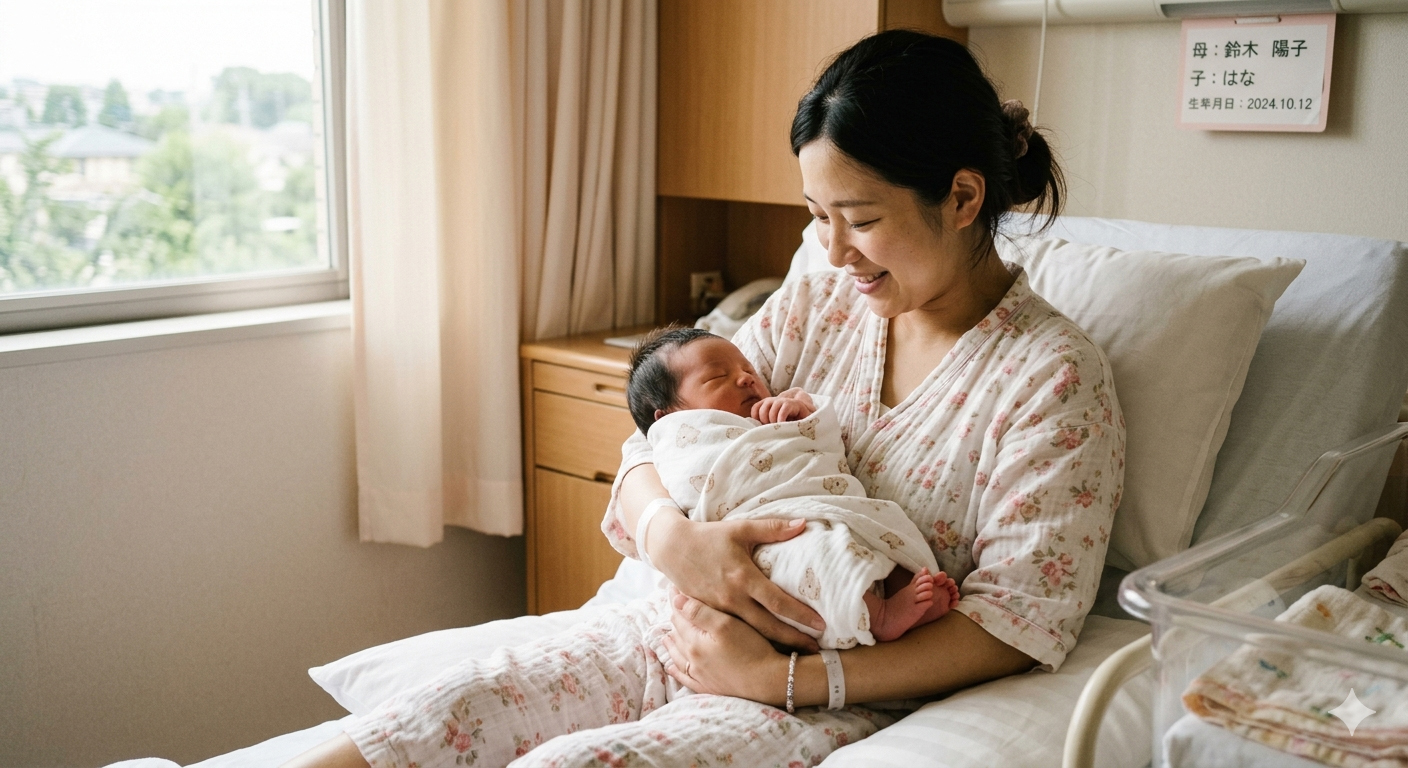 生まれたばかりの赤ちゃんを抱く幸せいっぱいのママ